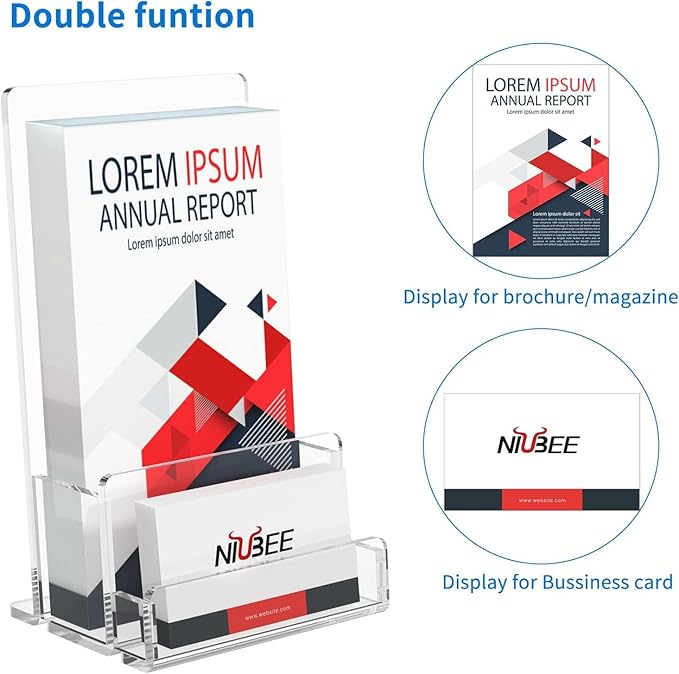 NIUBEE 6-Pack Acrylic Brochure Holder 4‘’ , Clear Brochure Display Stand with Acrylic Business Card Holder, Plastic Flyer Display Stand for Magazine, Pamphlet, Booklets, Menu, Journals, Business Card