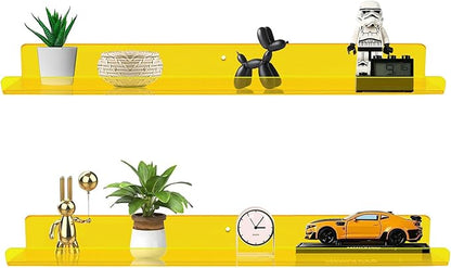 ROYALITA 24 Inches Acrylic Floating Book Shelves Wall Mounted Set of 2, Wall Hanging Plant Display Shelves, Room Decor Floating Wall Shelves for Gaming Room, Bedroom, Living Room, Office, Yellow