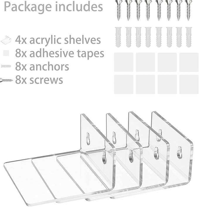 Acrylic Wall Shelves,Clear 4 inch Floating Shelves for Display,Ledges Pop Figures,Plant,Tiny Wall Mounted Transparent Shelf Small Invisible Shelves with Adhesive for Bedroom Living Room Decoration