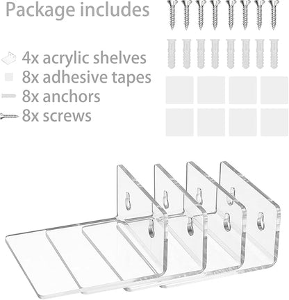 Acrylic Wall Shelves,Clear 4 inch Floating Shelves for Display,Ledges Pop Figures,Plant,Tiny Wall Mounted Transparent Shelf Small Invisible Shelves with Adhesive for Bedroom Living Room Decoration