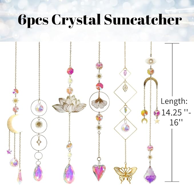 6pcs Crystal Suncatcher, Sun Catcher Hanging for Windows, Spiritual, Rainbow Maker, Crystal Indoor Garden Home Decor,Gemstone Prism（Set 1）