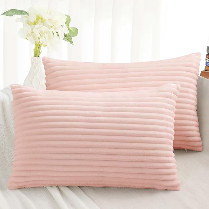 Simmore Decorative Fall Throw Pillow Covers 12x20 Set of 2, Soft Plush Flannel Double-Sided Fluffy Lumbar Pillow Covers for Couch Sofa Living Room, Pink