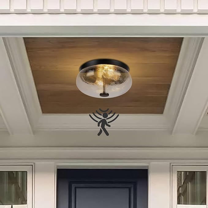 Motion Sensor Outdoor Ceiling Light, Black Modern Design Ceiling Light Fixture with Ripple Glass for Porch, Garage, Patio, Hallway, Entryway, Energy Efficient (2 Blub Needed)