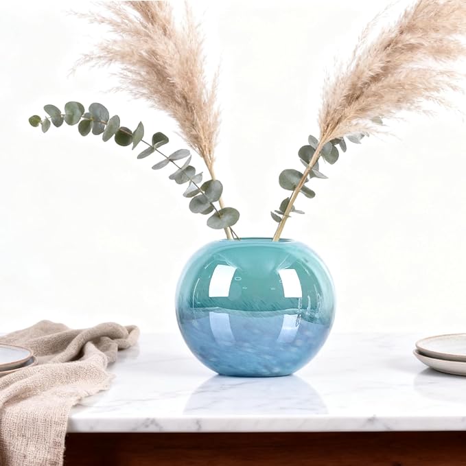Teal Glass Vase – 7.1in Hand Blown Wide Mouth Art Glass Vase – Turquoise Decorative Vase for Flowers, Centerpieces, Bookshelf, Bathroom, Dining Table or Living Room Display