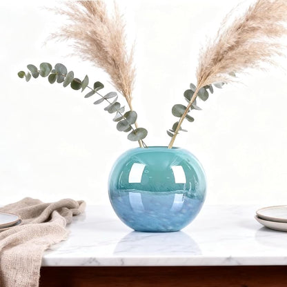 Teal Glass Vase – 7.1in Hand Blown Wide Mouth Art Glass Vase – Turquoise Decorative Vase for Flowers, Centerpieces, Bookshelf, Bathroom, Dining Table or Living Room Display
