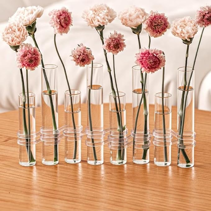 8PCS Test Tube Vases Decorative Glass Flower Vase Hinged Flower Vases Planter Flower Arranging Container Hydroponic Flower Holder Decor with 15PCS Hooks and 2PCS Brushes (VASES-B)