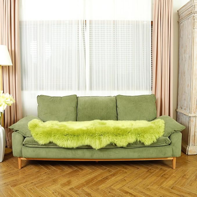 LLB Genuine Sheepskin Area Rug Wool Rug Fur Carpet Fluffy Shaggy Fur Rug for Living Room Kids Bedroom Real Sheepskin Throw Rugs Sofa Mat Chair Seat Covers (Pea Green, 2 x 6 ft Sheepskin)