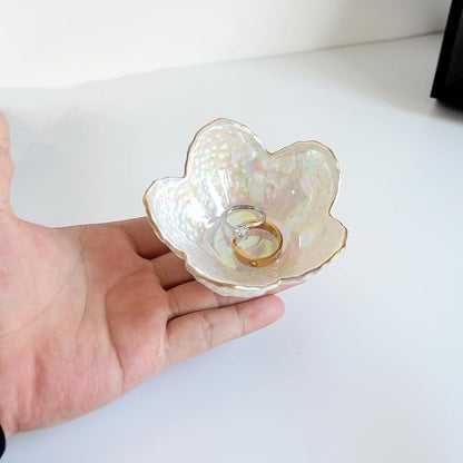 Flower Shape Ring Dish Jewelry Tray Organizer, Glass Accent Tray for Vanity, Small Decorative Trinket Dish, Pearl White