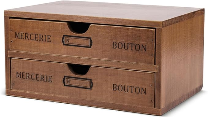 Flexzion Wooden Desktop Office Supplies Organizer with 2 Storage Drawers Set, 2-Tier Wood Tabletop Cabinet, Countertop Desk Accessories Box, for Home Workspace Counter Vanity Decor Art Craft Tool Mail