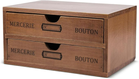 Flexzion Wooden Desktop Office Supplies Organizer with 2 Storage Drawers Set, 2-Tier Wood Tabletop Cabinet, Countertop Desk Accessories Box, for Home Workspace Counter Vanity Decor Art Craft Tool Mail