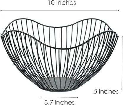 Fruit Basket for Kitchen Counter, 10 Inches Mordern Black Metal Wire Produce Bowl for Fruit Vegetable (Curve)