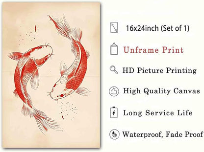 Red Koi Fish Wall Art Red Fish Painting Sea Animals Poster Vintage Animal Wall Art Neutral Beige Picture Japanese Koi Poster Chinese Canvas Oriental Aesthetic Modern Room Decor 16x24inch No Frame