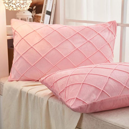 JAUXIO Diamond Pinch Pleated Crystal Velvet Pillowcases 2 Pack Solid Pintuck Throw Cushion Cover for Home Decor Hidden Zipper Closure (Pink, King)