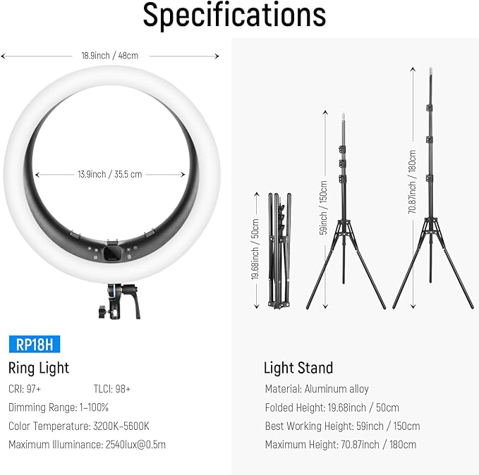 NEEWER Ring Light RP19H 19 Inch with Tripod Stand 3 Phone Holders Compatible with iPhone, Upgraded 2.4G Touch Control Ringlight for Video Recording Streaming Home Office Zoom Selfie Makeup Lighting