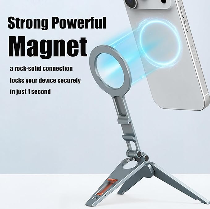 Magnetic Phone Tripod Stand Portable Cell Phone Holder Strong Magnet Mini Pocket Smartphone Mount Foldable Selfie Stick Tripod with 1/4" Screw Hole & Hook for iPhone 17 16 15 14 13