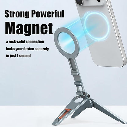 Magnetic Phone Tripod Stand Portable Cell Phone Holder Strong Magnet Mini Pocket Smartphone Mount Foldable Selfie Stick Tripod with 1/4" Screw Hole & Hook for iPhone 17 16 15 14 13