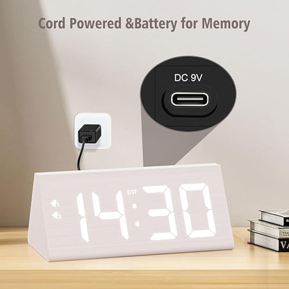 Wooden Digital Alarm Clock with Dual USB Charging Ports, DST, Dimmable, Snooze, Modern Large Time Display LED Clock for Kids Bedrooms, Living Room, Desk, Table, Bedside, Nightstand (White)