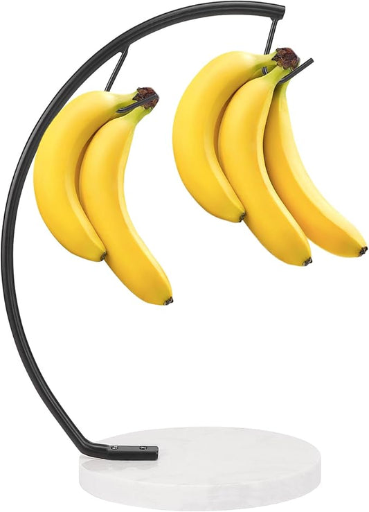 Livabber Banana Holder with Marble Base, Metal Banana Hanger Modern Tree Stand with Hook, Stylish Banana Keeper Fresh Fruit Storage Organizer Freestanding for Kitchen Countertop (Black, Double Hook)