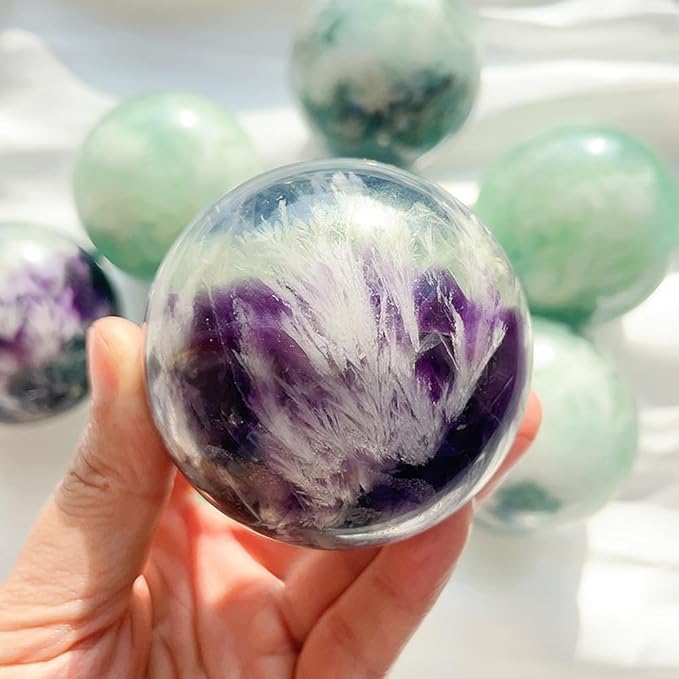 JIC Gem Natural Feather Fluorite Crystal Ball Round Healing Crystals Decorative Sphere with Wooden Stand Meditation Home Decor 2.3-2.7 inch (60-70mm)