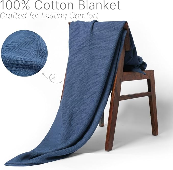 100% Cotton Herringbone Weave Blankets, 90"X90" Queen, Throw Blanket for Bed,All Season Cotton Blanket, Cozy Blanket,Throws Bed Blanket, Throw Blanket for Couch,Modern Home Decor -Navy Blue