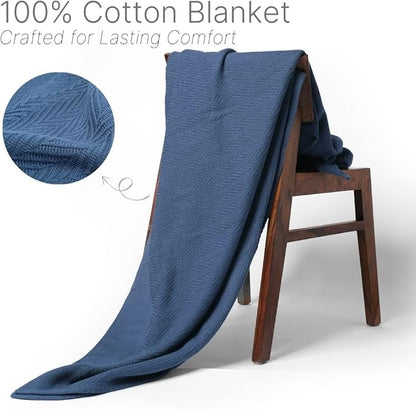 100% Cotton Herringbone Weave Blankets, 108"X90" King, Throw Blanket for Bed,All Season Cotton Blanket, Cozy Blanket,Throws Bed Blanket, Throw Blanket for Couch,Modern Home Decor -Navy Blue
