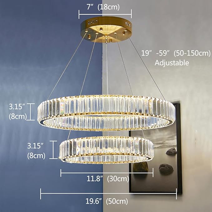 Modern Crystal Chandelier LED Ring Pendant Light 20" Round Crystal Chandeliers for Living Room Dinning Room, Chrome