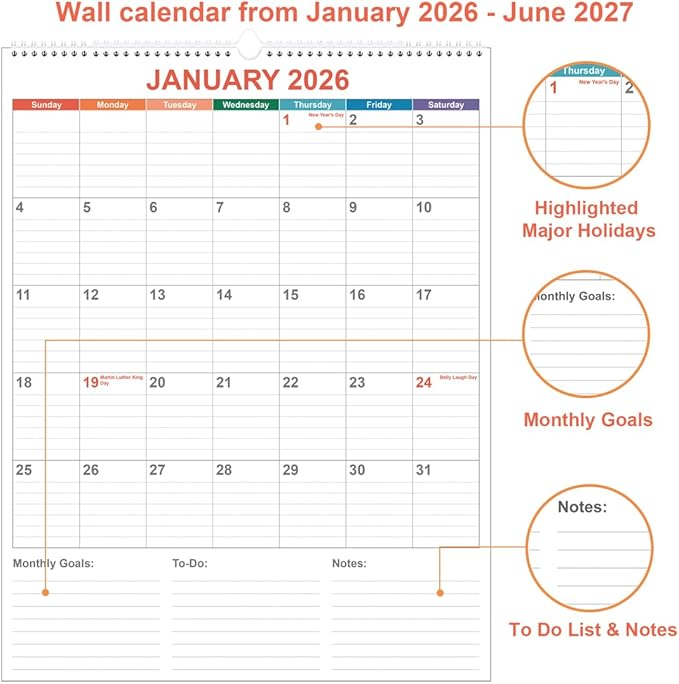 Large Calendar 2026 with Spiral Bound - 18 Month Big Calendar from January 2026 to June 2027, Vertical Large Monthly Calendario 2026-2027 for Wall, 22" x 17", Colorful