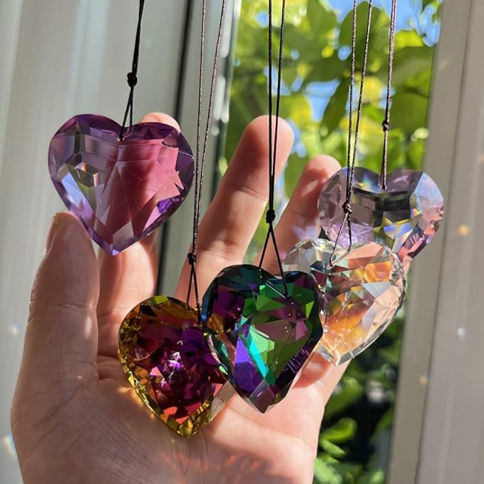 Colorful Heart Crystals Suncatcher Hanging Sun Catcher with Chain Pendant Ornament for Window Home Garden Christmas Day Party Wedding Decoration (White)
