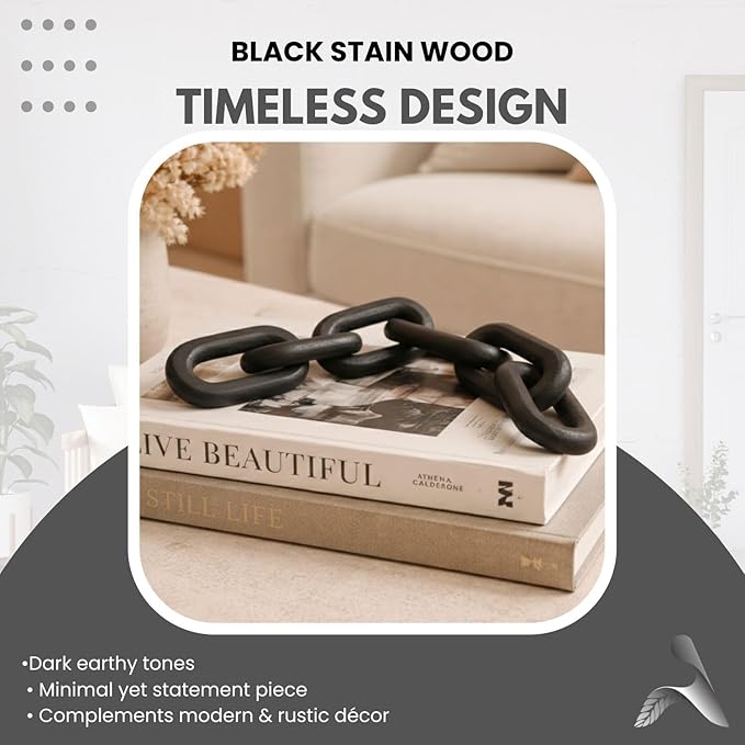 Boho Wooden Link Decor for Coffee Object for Coffee Table & Shelf Knot Sculpture, Farmhouse Rustic Shelf Natural Wood Chain Links for Living Room, Entryway, Console,Office Home Accent (Black Stain)