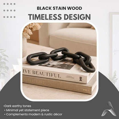 Boho Wooden Link Decor for Coffee Object for Coffee Table & Shelf Knot Sculpture, Farmhouse Rustic Shelf Natural Wood Chain Links for Living Room, Entryway, Console,Office Home Accent (Black Stain)