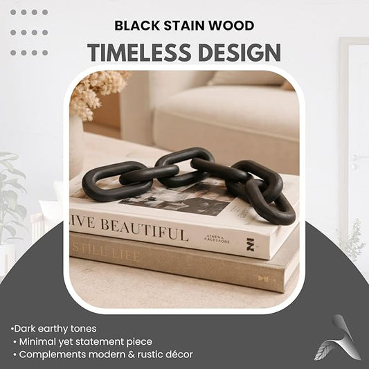 Boho Wooden Link Decor for Coffee Object for Coffee Table & Shelf Knot Sculpture, Farmhouse Rustic Shelf Natural Wood Chain Links for Living Room, Entryway, Console,Office Home Accent (Black Stain)