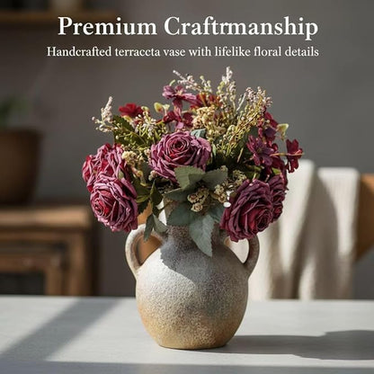 Retro-Style vase, Artificial Faux Flower Bouquet for Home Decor Indoor Fake Bouquet Faux Floral Arrangements Dining Table Centerpieces for Kitchen(Terracotta)