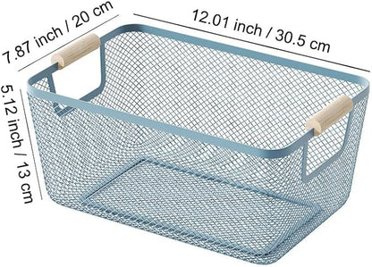 Metal Mesh Steel Basket, Medium Wire Storage Organizer Basket Multi-function Hanging Kitchen Basket with Wood Handle for Kitchen Bathroom Picnic Home, Rectangle-Blue