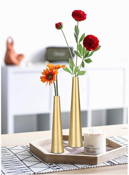 Vixdonos 10.5/8.5 inch Gold Metal Vase Small Dried Flower Vase Set of 2 Taper Vase for Wedding Table Centerpiece Decorations, Home Decor (Gold)