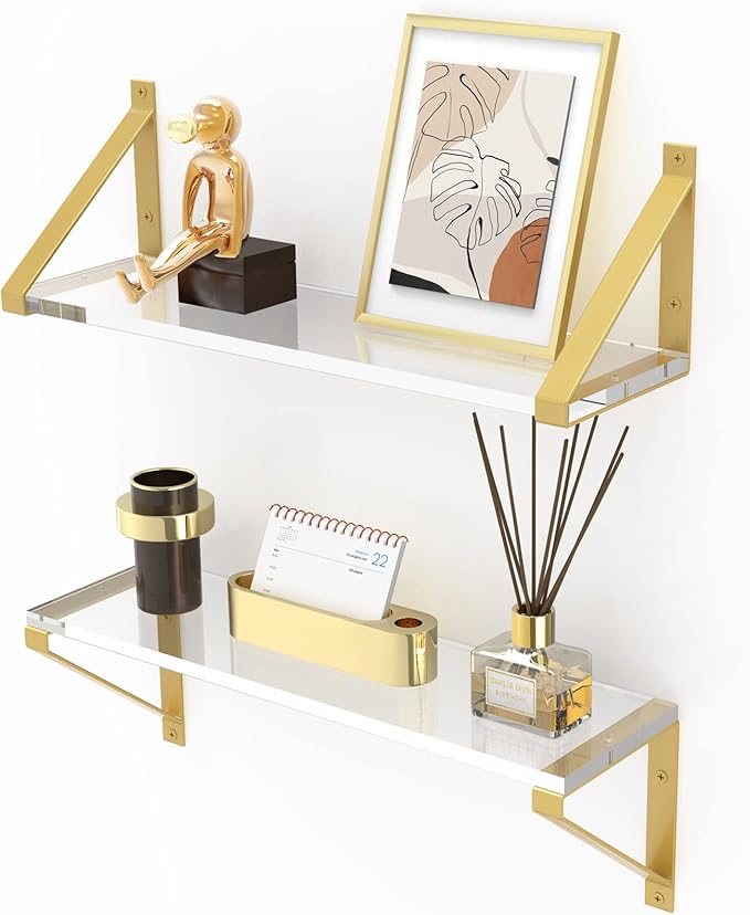 Clear Shelves, Gold Floating Shelves Wall Mounted Set of 2, 8mm Transparent Acrylic, Invisible Wall Shelves for Bedroom, Living Room, Bathroom, Kitchen, Office Display Decor (15in)