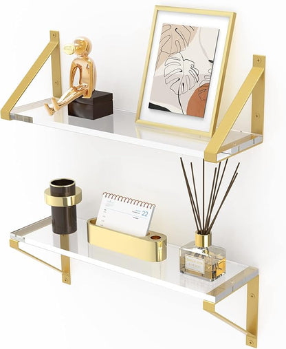 Clear Shelves, Gold Floating Shelves Wall Mounted Set of 2, 8mm Transparent Acrylic, Invisible Wall Shelves for Bedroom, Living Room, Bathroom, Kitchen, Office Display Decor (15in)