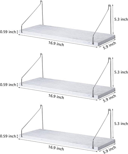 MITIME Floating Shelves Set of 3 Rustic Solid Wood Floating Shelf Wall Storage Shelves for Living Room, Bedroom, Bathroom, Kitchen Laundry, Office,no Drill Shelf(Grey and White Colour L+L+L)