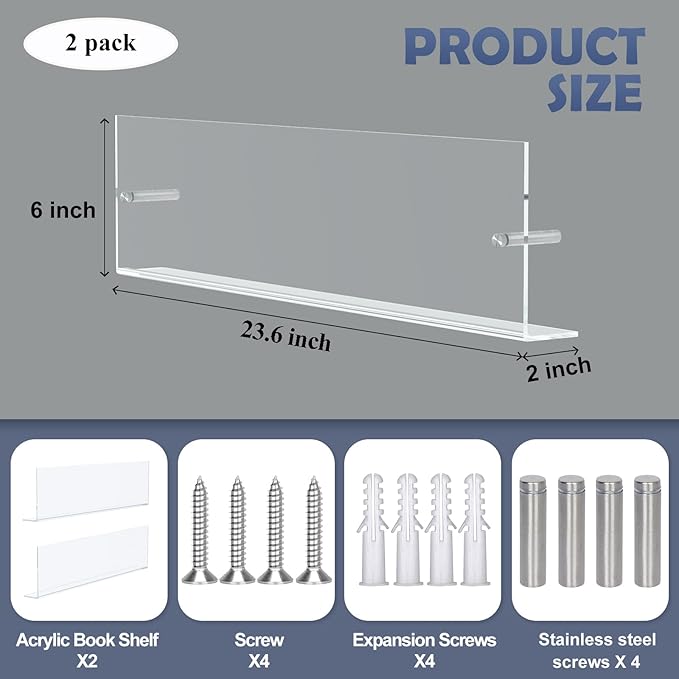 DuvinDD 2 Pack Acrylic Magazine Holder Rack Brochure Holder Wall Mount 24 inch Clear Hanging Magazine Rack Floating Bookshelf for Literature Pamphlet Organizer for Room Office, with Mounting Kit