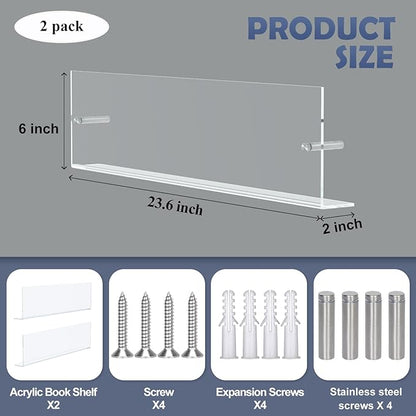 DuvinDD 2 Pack Acrylic Magazine Holder Rack Brochure Holder Wall Mount 24 inch Clear Hanging Magazine Rack Floating Bookshelf for Literature Pamphlet Organizer for Room Office, with Mounting Kit