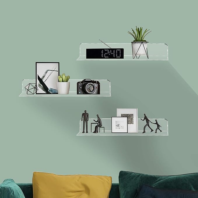 Weiai Clear Acrylic Shelves 12 Inch, Floating Wall Mounted Shelf for Bedroom, Living Room, Bathroom, Set of 3