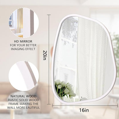 Irregular Oval Wall Mirror Large White 20"x16" Inches Asymmetrical Mirror Modern Wood Frame Unique Shape Wall Mounted Vanity Artistic Mirror Decor for Living Room Bedroom Bathroom Entryway