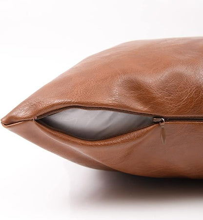 Fancy Homi 2 Packs Brown Boho Long Lumbar Faux Leather Decorative Throw Pillow Covers 14x20 Inch for Couch Bed Sofa, Hand Stitched Rectangle Cushion Case, Rustic Modern Farmhouse Home Decor