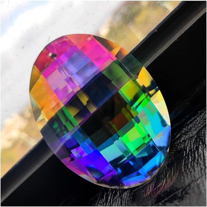 Colorful Oval Drop Hanging Crystals Chandelier Prisms Feng Shui Ornament Window Suncatchers 76mm