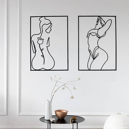 Glamativity 4 Pack Black Wall Art Décor, Minimalist Décor Single Line Art Wall Décor, Real Metal Wall Art, Woman's Body Shape Abstract Wall Art, for Kitchen Bedroom Living Room