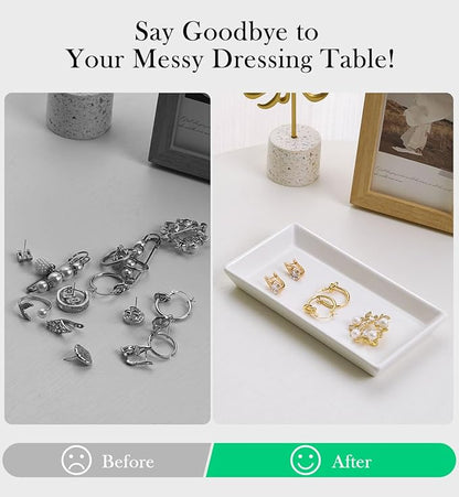 Emibele Jewelry Tray, Small Rectangle Ceramic Vanity Tray Jewelry Dish, Trinket Perfume Tray for Cosmetics, Rings, Bathroom Kitchen Soap, White