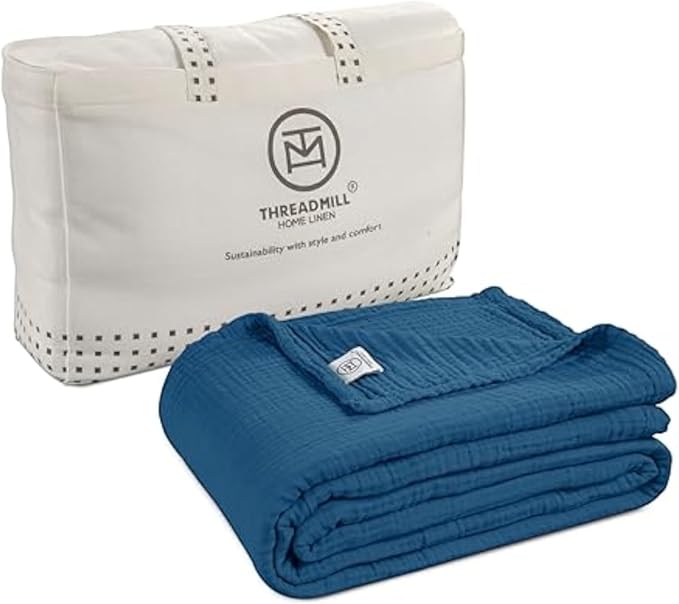 Threadmill Muslin Blanket for Twin Size Bed | 4 Layer 100% Cotton Throw Blanket | Soft, Breathable, and Lightweight Gauze for All Seasons | Twin Size Blanket for Bed | Folkstone Blue