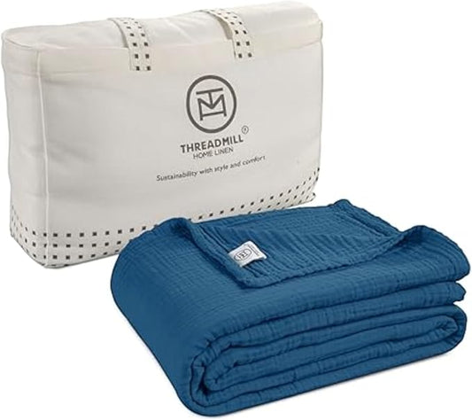 Threadmill Muslin Blanket for Twin Size Bed | 4 Layer 100% Cotton Throw Blanket | Soft, Breathable, and Lightweight Gauze for All Seasons | Twin Size Blanket for Bed | Folkstone Blue