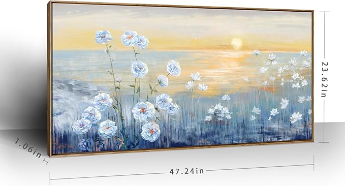 Framed Wall Art for Living Room Blue Ocean Beach Sunset Seascape Painting Abstract Coastal Flowers Canvas Print Seaside White Wildflowers Picture Sunrise Yellow Orange Sky Nature Landscape 24x48inch