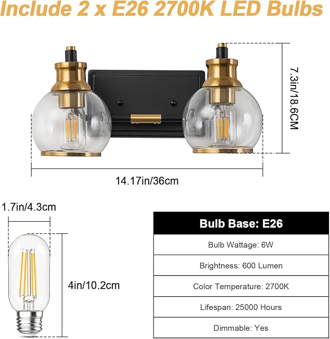 2 Light Modern Bathroom Light Fixtures Over Mirror (LED Bulbs Included), Black Gold Vanity Lights for Bathroom Wall Sconces with Clear Globe Glass Glass Shades