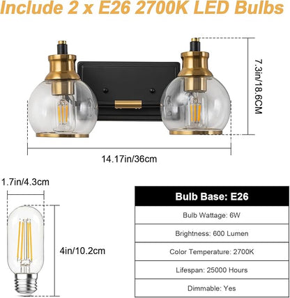 2 Light Modern Bathroom Light Fixtures Over Mirror (LED Bulbs Included), Black Gold Vanity Lights for Bathroom Wall Sconces with Clear Globe Glass Glass Shades
